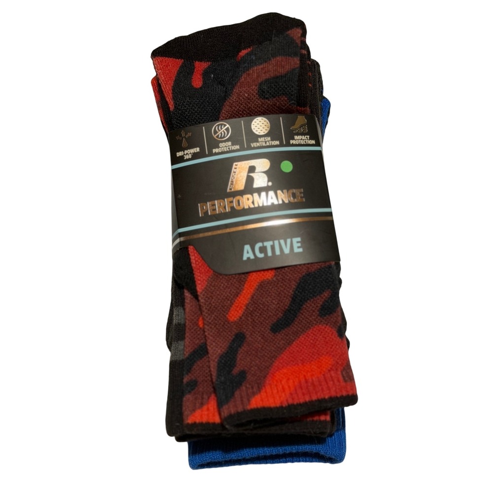 Russell Performance Active Crew Socks Red Camo Blue Stripe 3 Pair‎ Large Boys